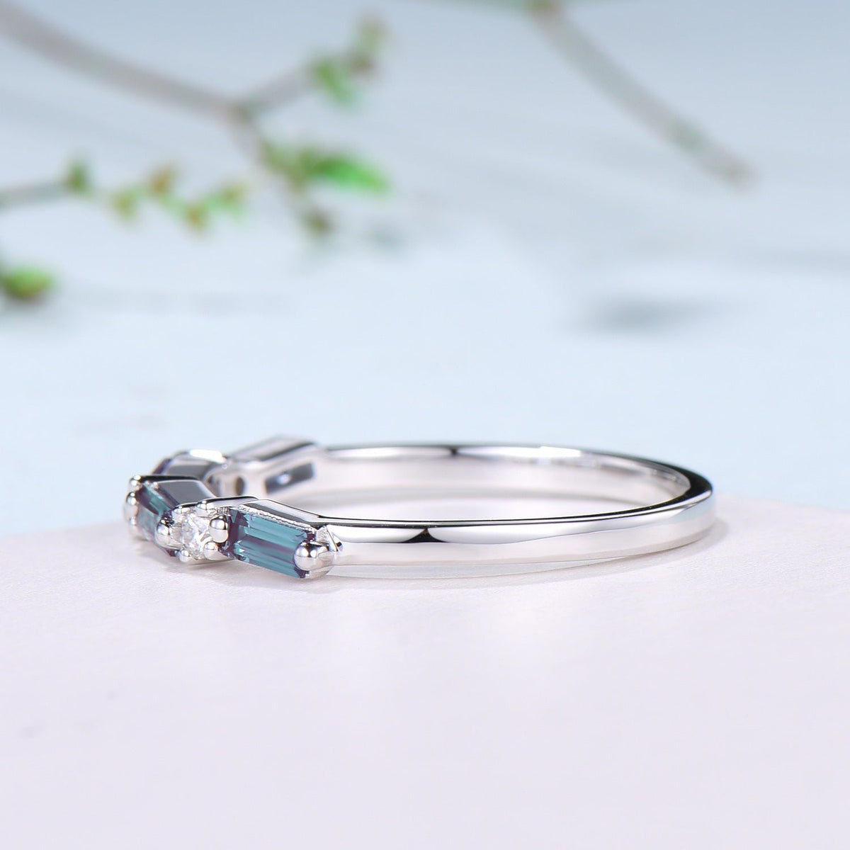 Vintage Alexandrite Eternity Wedding Band Women Unique Baguette Alexandrite Stackable Ring June Birthstone Matching Band Anniversary Gift