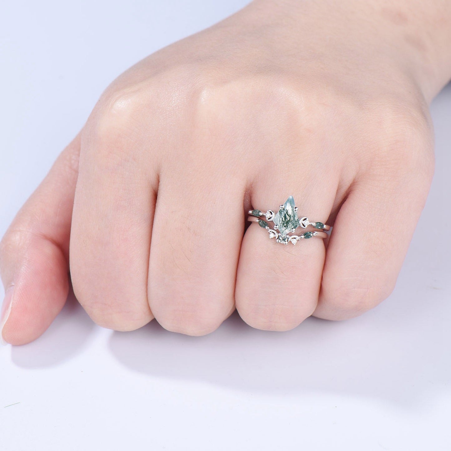 Vintage kite cut moss agate ring Five Stone crescent moon engagement ring art deco delicate bridal wedding set handmade anniversary gift