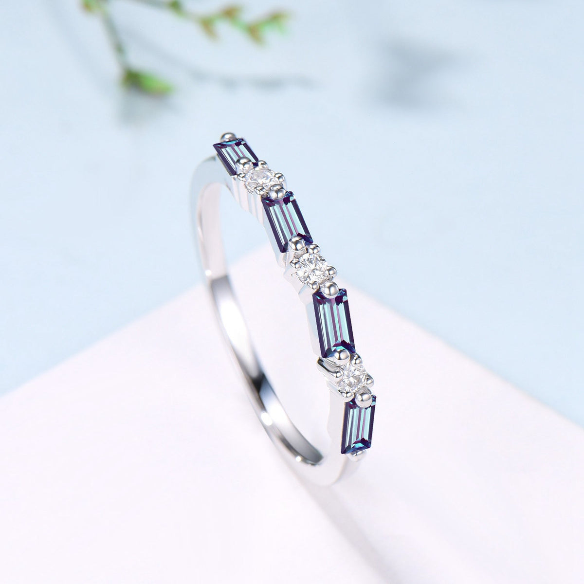 Vintage Alexandrite Eternity Wedding Band Women Unique Baguette Alexandrite Stackable Ring June Birthstone Matching Band Anniversary Gift