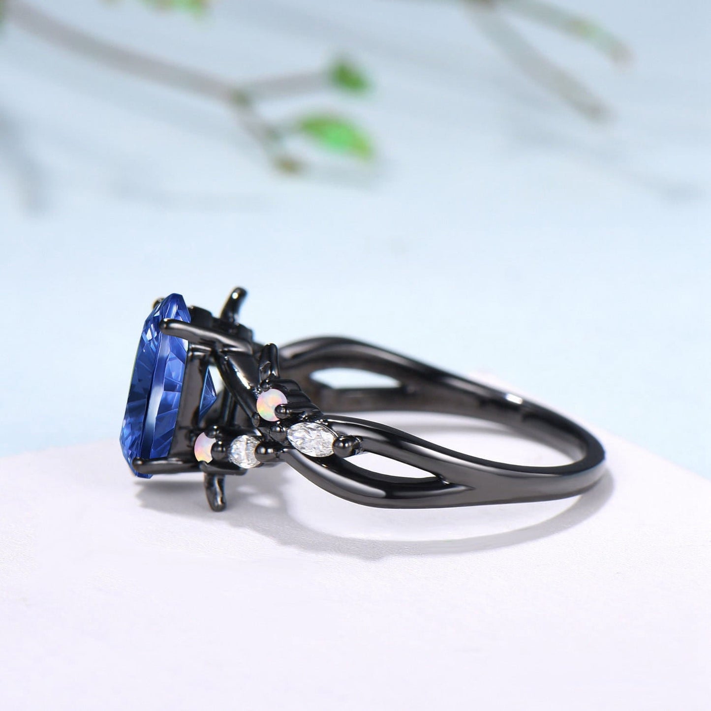 Gothic Split Shank Black Gold Hexagon Cut Starbrite Sapphire Engagement Ring, Leaf Vine Cluster Opal Jewelry