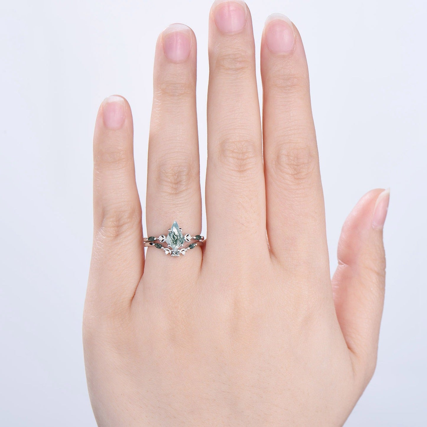 Vintage kite cut moss agate ring Five Stone crescent moon engagement ring art deco delicate bridal wedding set handmade anniversary gift