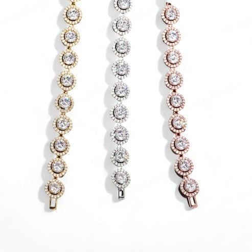 Yellow Gold Plated 925 Silver Iced Out Halo Moissanite Tennis Bracelet