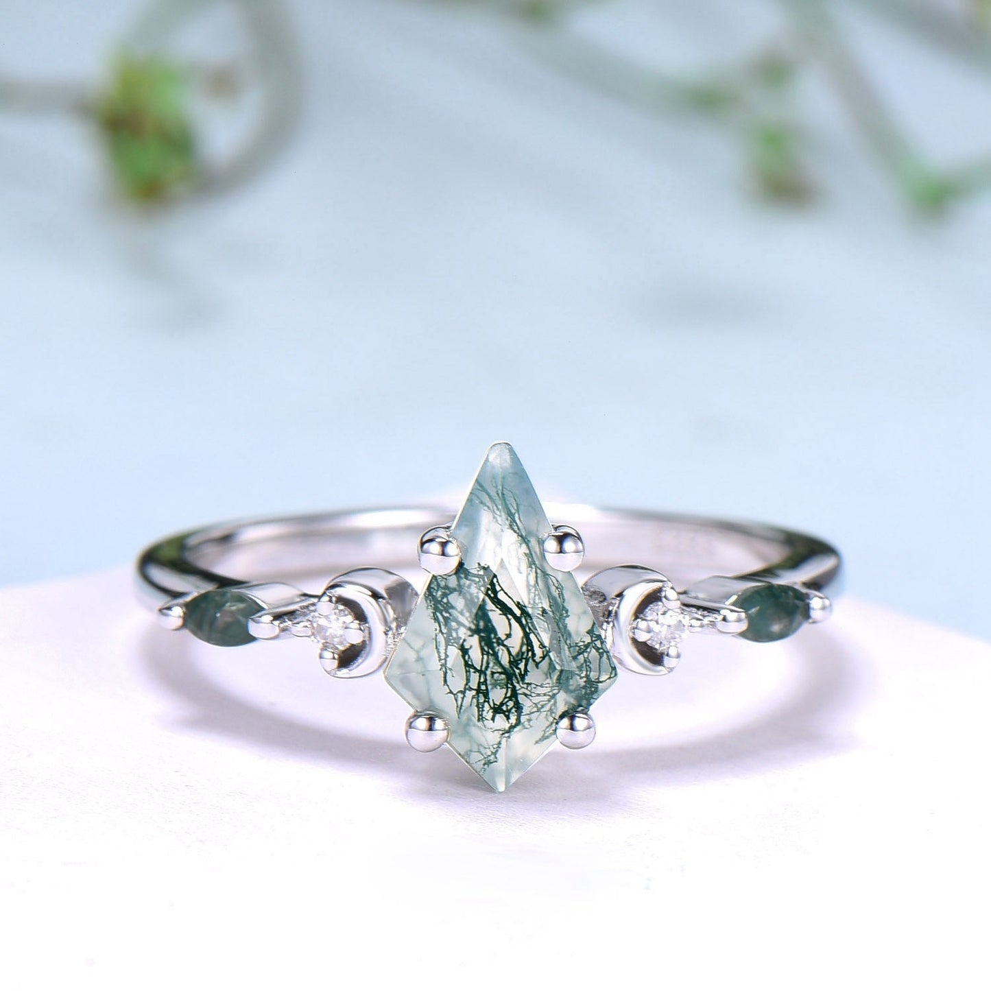Vintage kite cut moss agate ring Five Stone crescent moon engagement ring art deco delicate bridal wedding set handmade anniversary gift