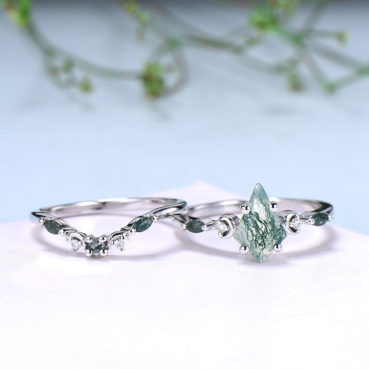 Vintage kite cut moss agate ring Five Stone crescent moon engagement ring art deco delicate bridal wedding set handmade anniversary gift