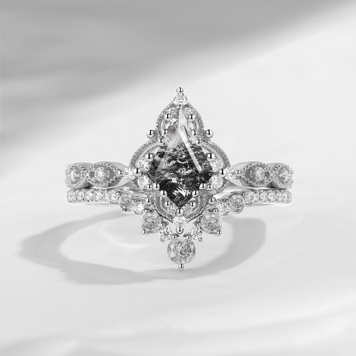 Antique Kite Cut Herkimer Diamond Engagement Ring Bridal Set 2pcs