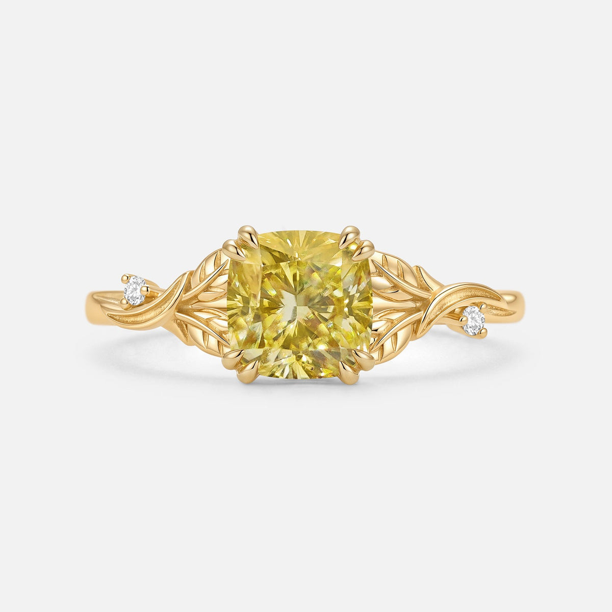 Luminous Reverie - Cushion Cut Yellow Moissanite Leaf Minimalist Engagement Ring - Lotus