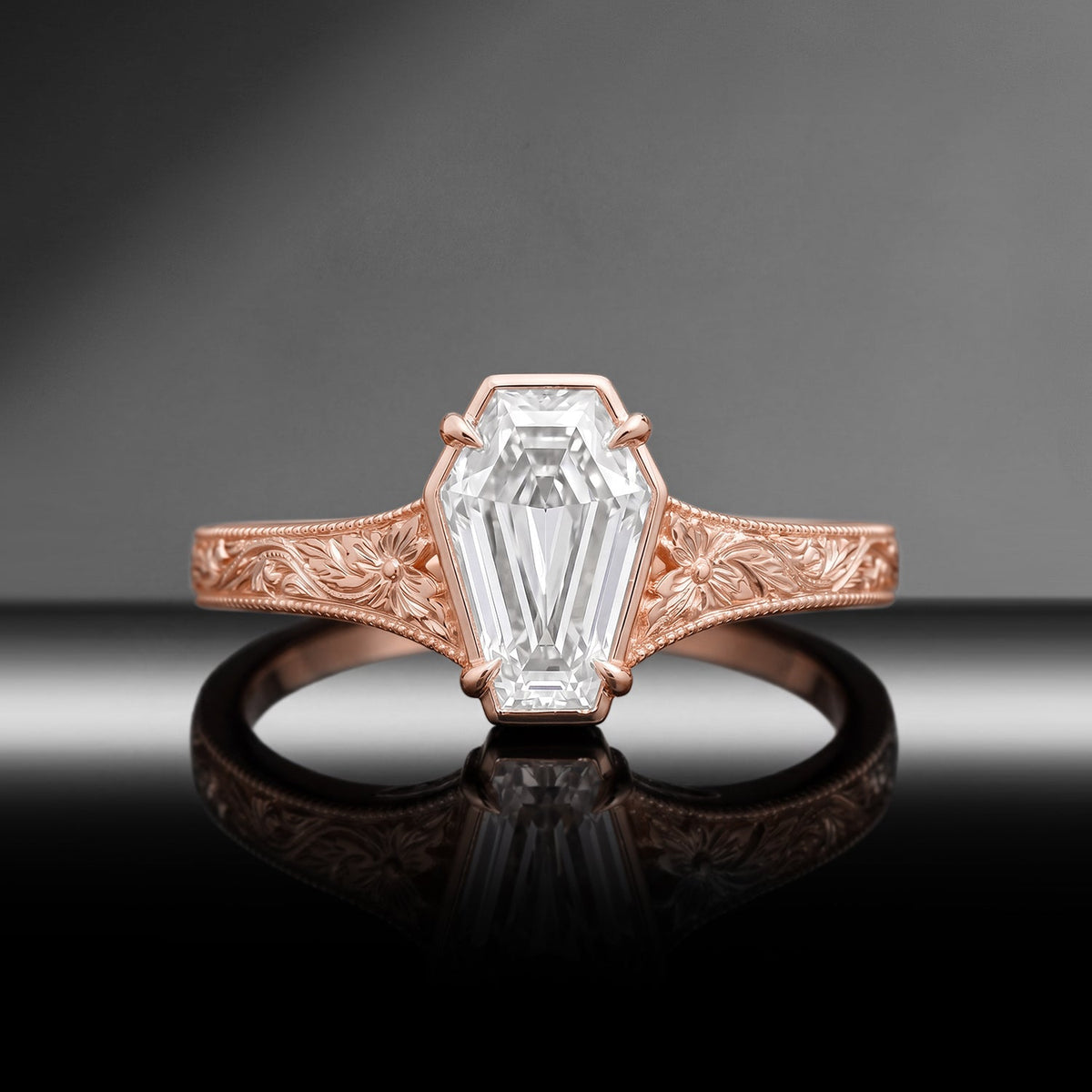 Vintage Inspired - Bezel Coffin Cut Moissanite & Lab Diamond Vintage Solitaire Engagement Ring with Floral Engraving