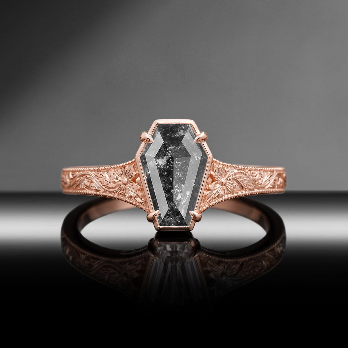 Vintage Inspired - Bezel Coffin Cut Natural Salt & Pepper Diamond Engagement Ring with Floral Engraving