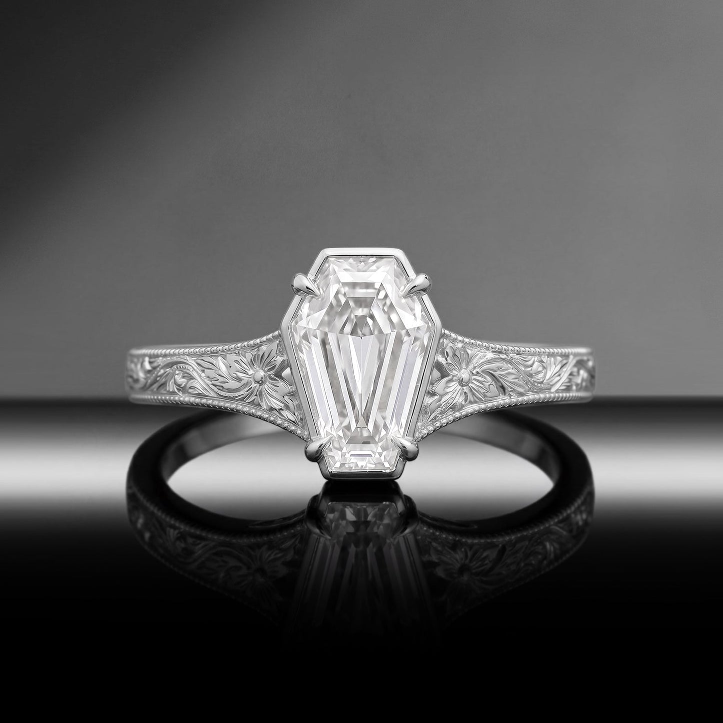 Vintage Inspired - Bezel Coffin Cut Moissanite & Lab Diamond Vintage Solitaire Engagement Ring with Floral Engraving