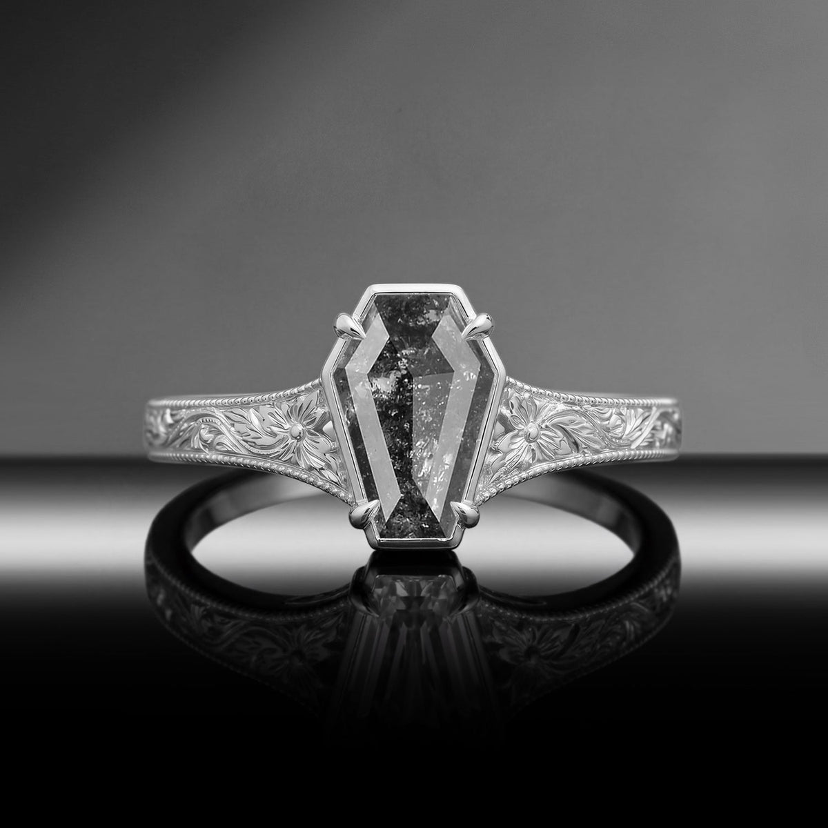 Vintage Inspired - Bezel Coffin Cut Natural Salt & Pepper Diamond Engagement Ring with Floral Engraving