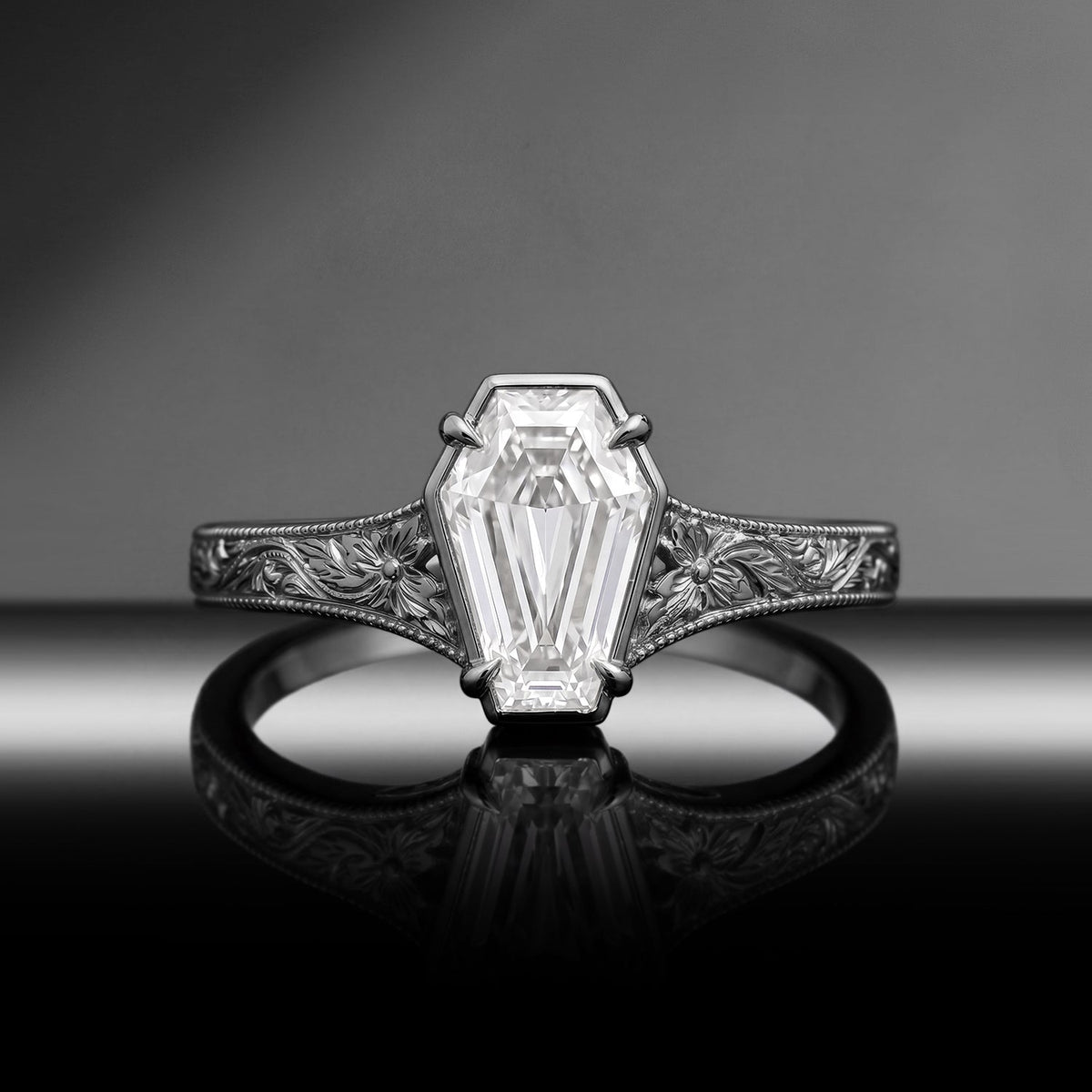 Vintage Inspired - Bezel Coffin Cut Moissanite & Lab Diamond Vintage Solitaire Engagement Ring with Floral Engraving