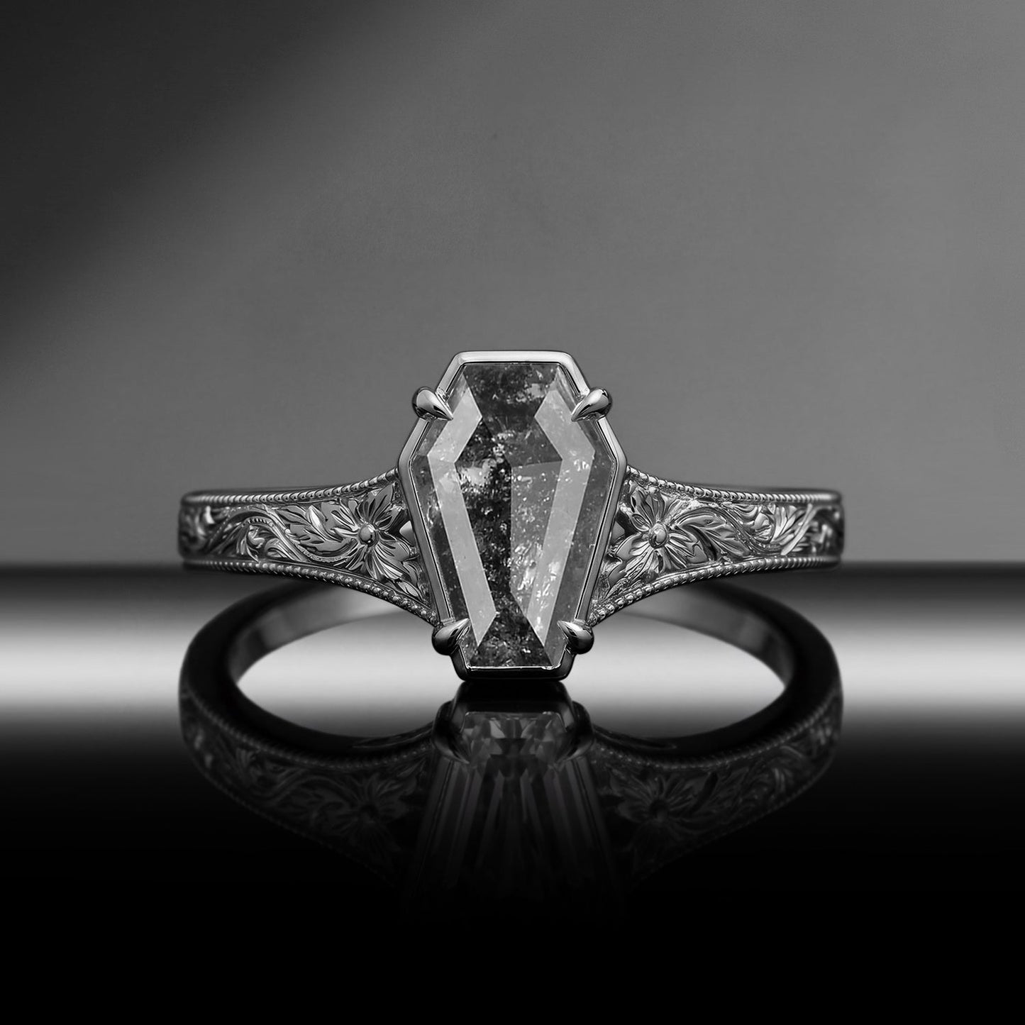 Vintage Inspired - Bezel Coffin Cut Natural Salt & Pepper Diamond Engagement Ring with Floral Engraving