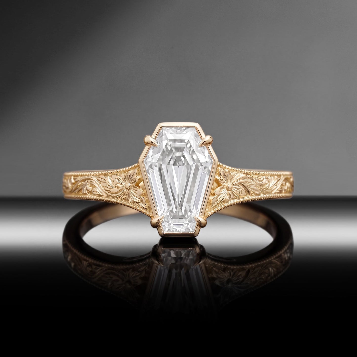 Vintage Inspired - Bezel Coffin Cut Moissanite & Lab Diamond Vintage Solitaire Engagement Ring with Floral Engraving