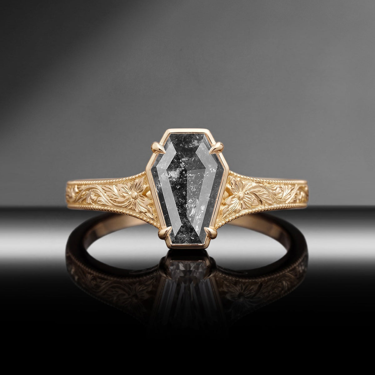 Vintage Inspired - Bezel Coffin Cut Natural Salt & Pepper Diamond Engagement Ring with Floral Engraving