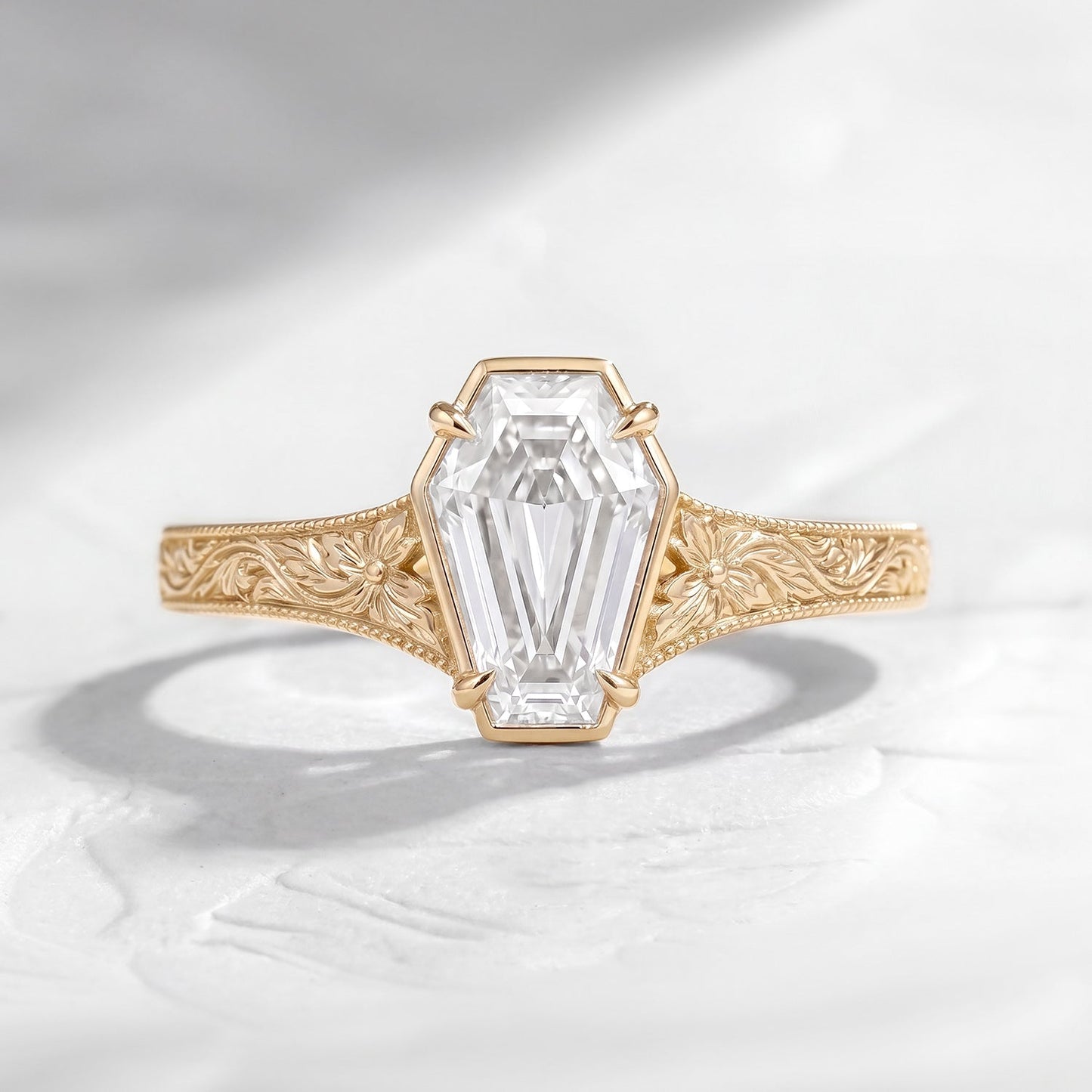 Vintage Inspired - Bezel Coffin Cut Moissanite & Lab Diamond Vintage Solitaire Engagement Ring with Floral Engraving