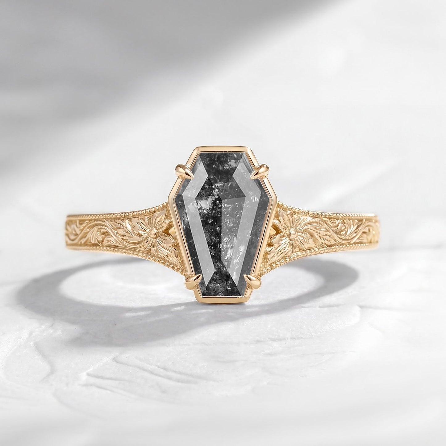 Vintage Inspired - Bezel Coffin Cut Natural Salt & Pepper Diamond Engagement Ring with Floral Engraving