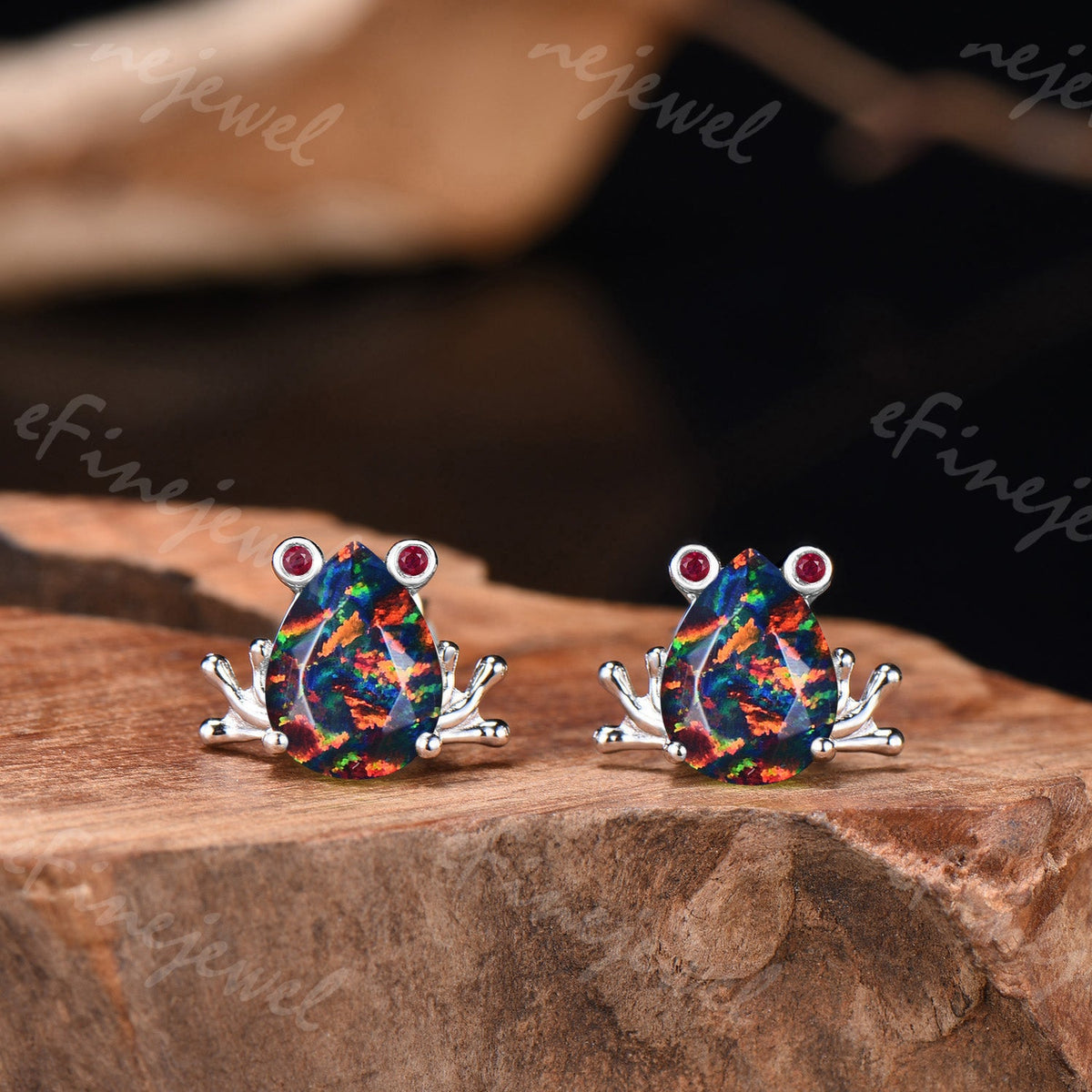 Pear Cut Black Opal Frog Jewelry Set Silver Animal Inspired Ring Necklace Stud Earrings