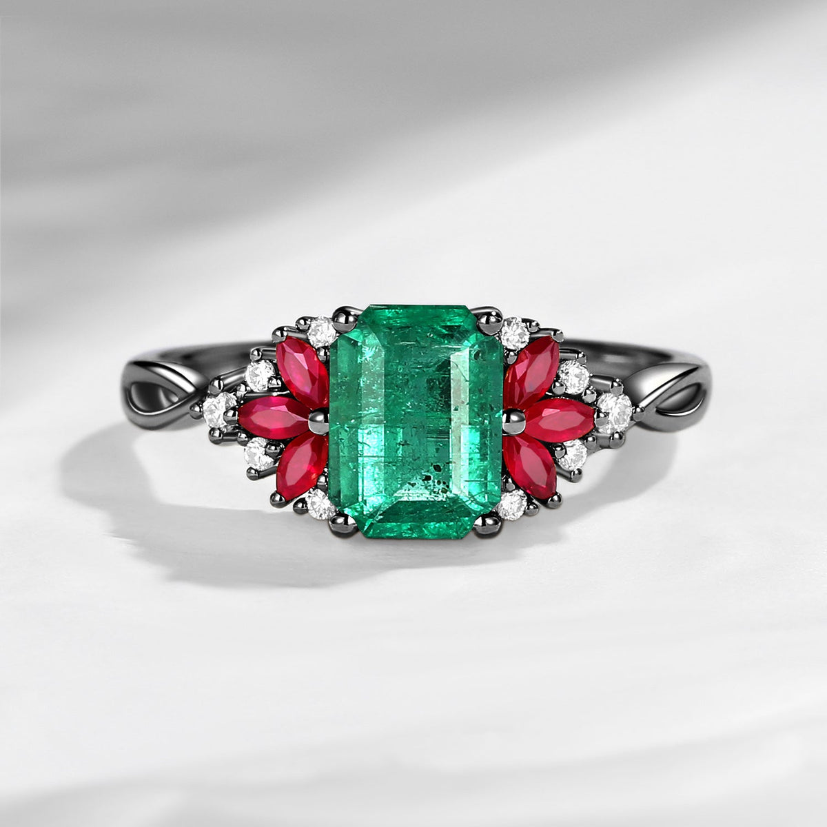 Cluster Emerald Cut Natural Emerald & Ruby Twist Engagement Ring