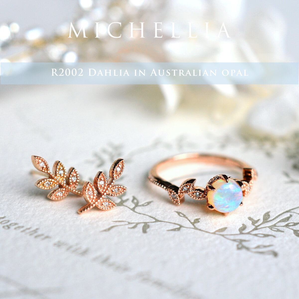 [Dahlia] Petite Floral Engagement Ring in Opal