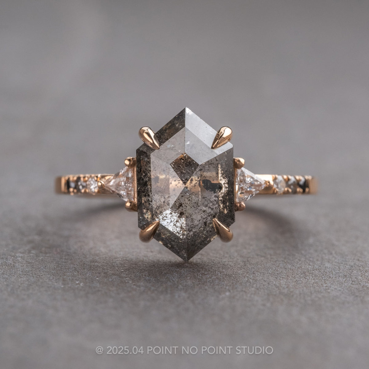 1.80 Carat Salt and Pepper Hexagon Diamond Engagement Ring, Ombre Eliza Setting