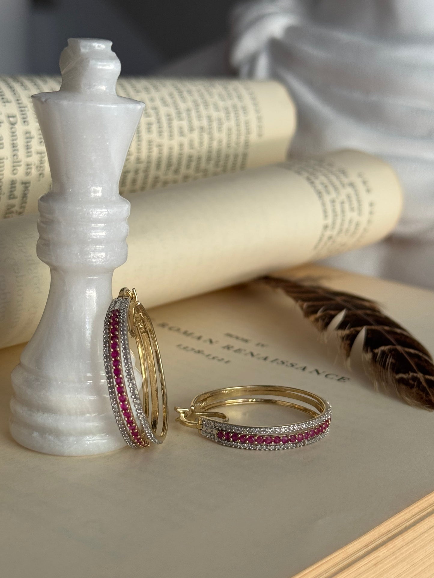 Vintage 14k Yellow Gold Natural Ruby & Diamond Hoops