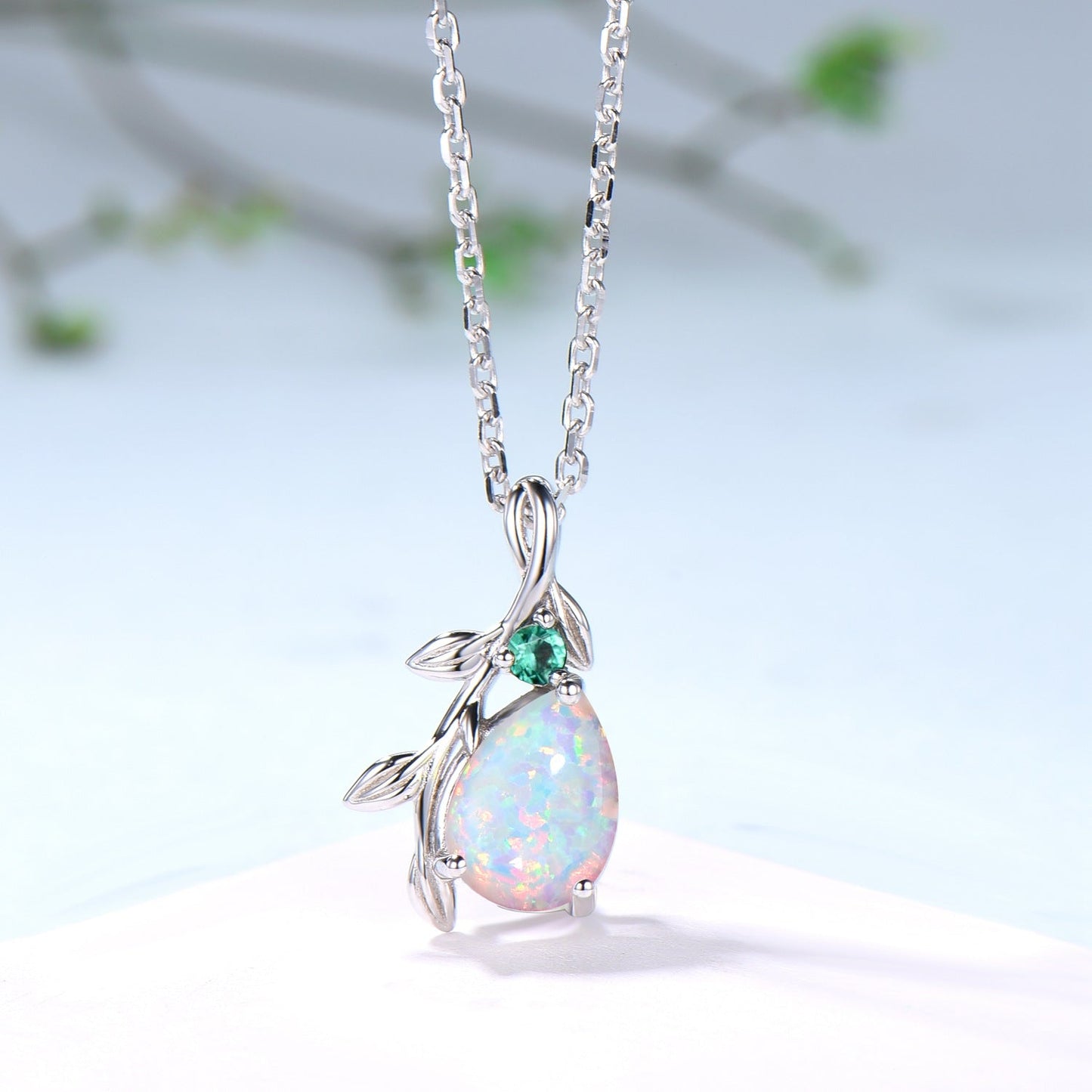 Natural Inspired White Opal Pendant Necklace fire opal leaf branch necklace elegant twisted pendant mom October birthstone anniversary gifts