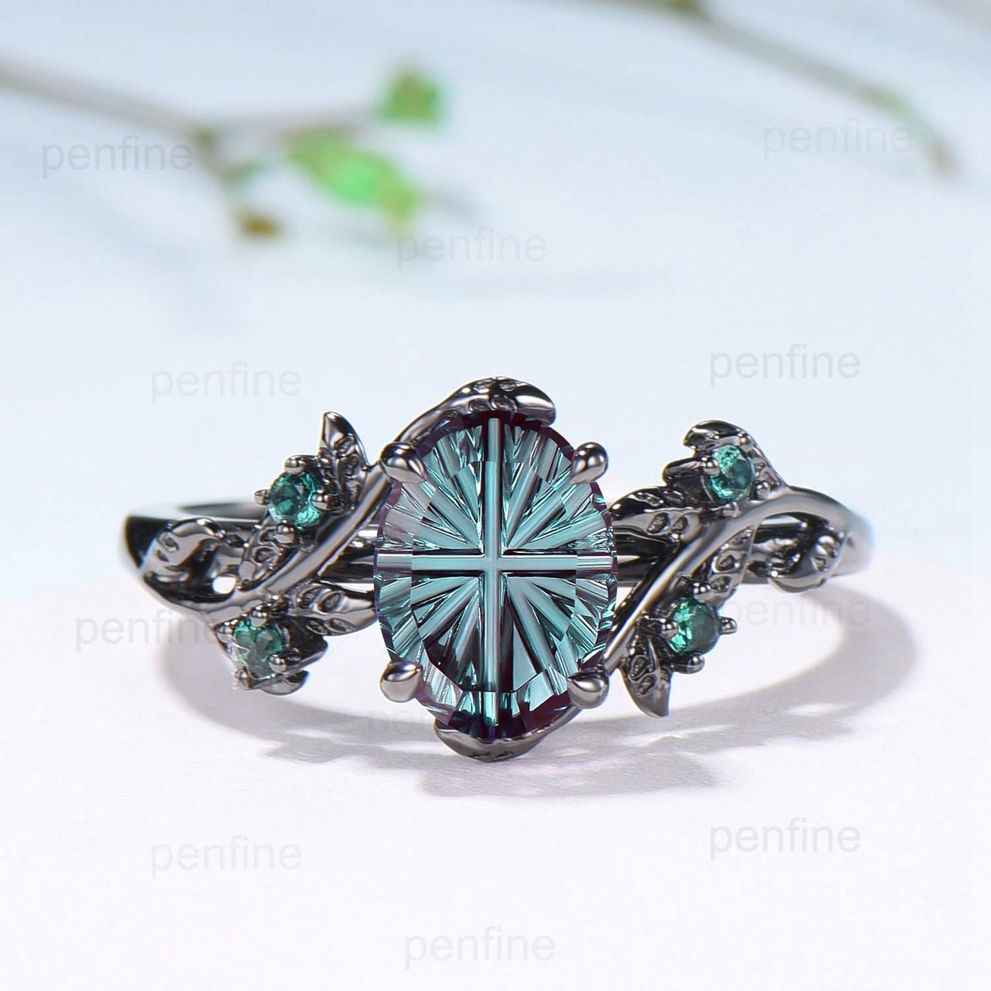 Black Gold Oval Fantasy Cut Alexandrite Engagement Ring Set Nature Inspired Twig Vine Emerald Wedding Bridal Set