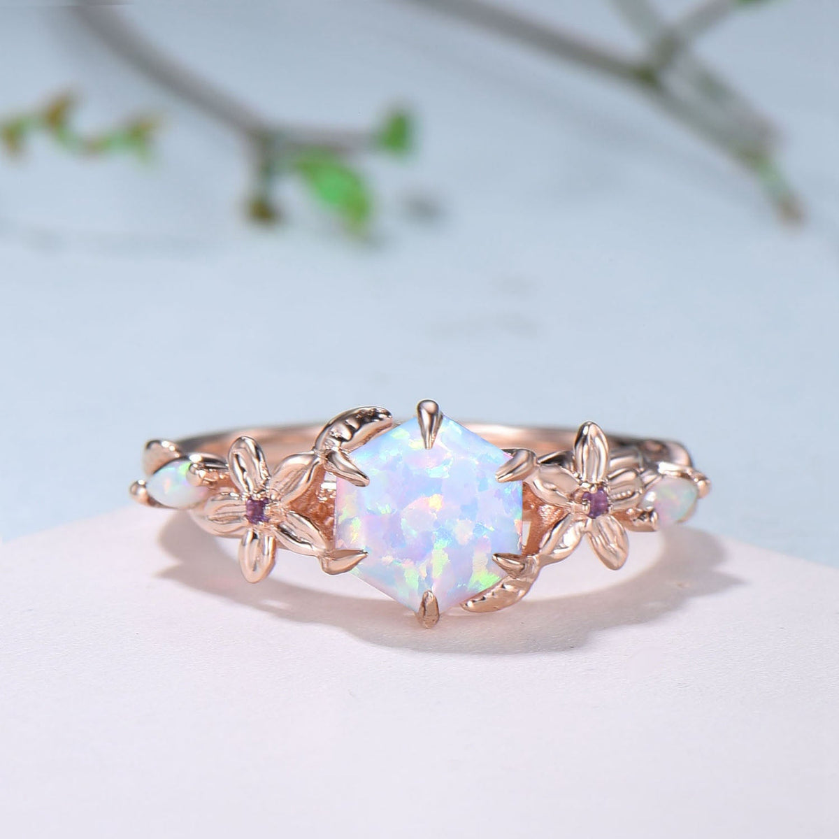 Flower white opal engagement ring set Nature Inspired hexagon fire opal amethyst wedding ring for women vintage cluster leaf bridal set