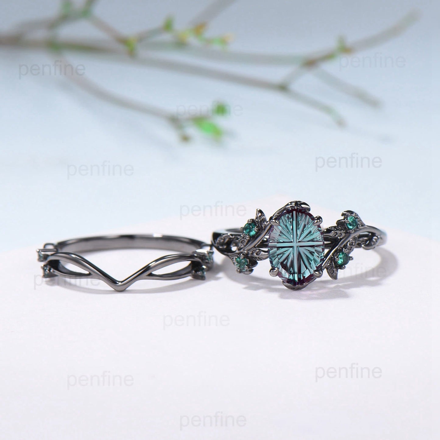 Black Gold Oval Fantasy Cut Alexandrite Engagement Ring Set Nature Inspired Twig Vine Emerald Wedding Bridal Set