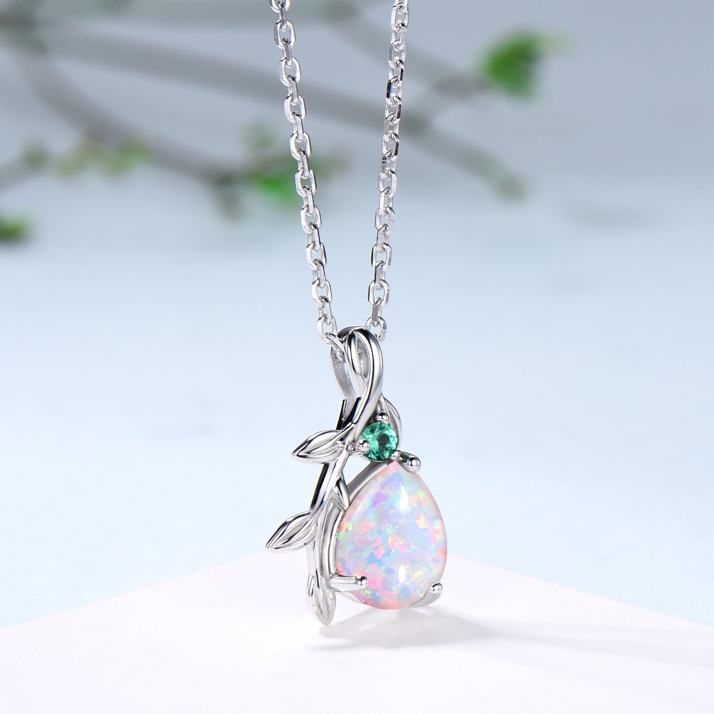 Natural Inspired White Opal Pendant Necklace fire opal leaf branch necklace elegant twisted pendant mom October birthstone anniversary gifts
