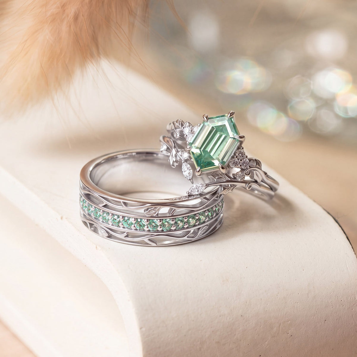 Luminous Reverie - Elongated Hexagon Green Moissanite Leaf Engraved Couple Ring Set 3pcs- Persephone