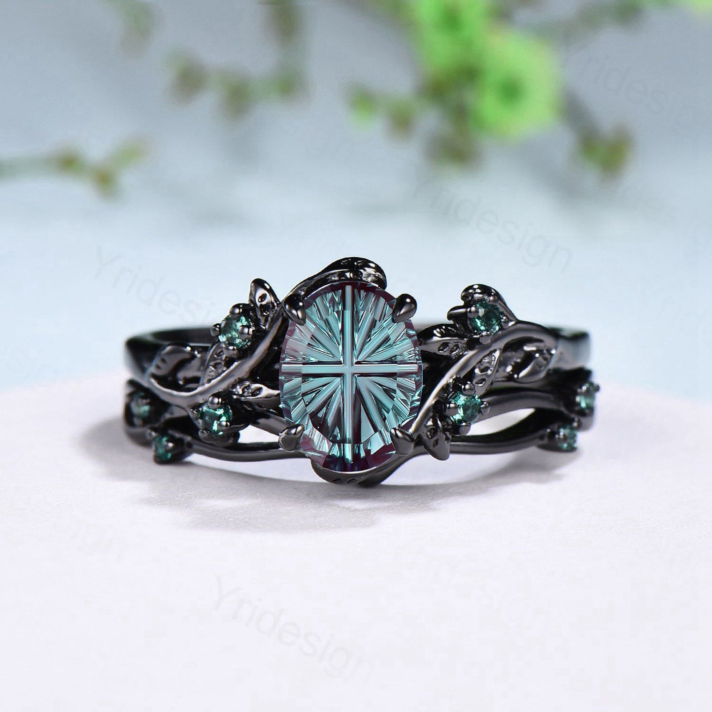 Black Gold Oval Fantasy Cut Alexandrite Engagement Ring Set Nature Inspired Twig Vine Emerald Wedding Bridal Set