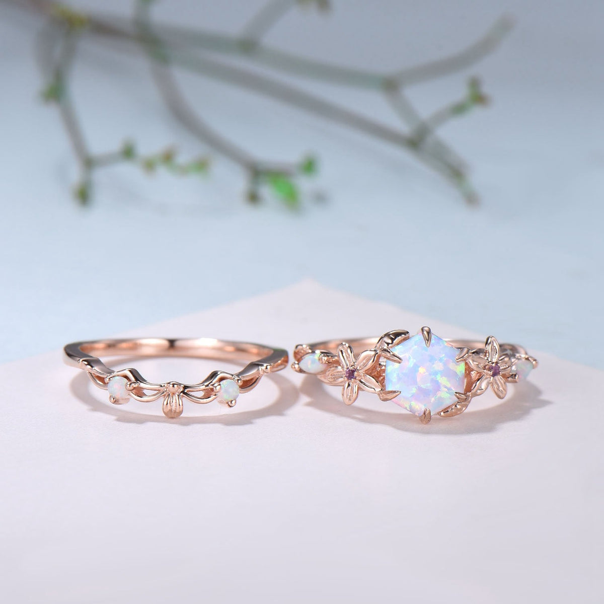 Flower white opal engagement ring set Nature Inspired hexagon fire opal amethyst wedding ring for women vintage cluster leaf bridal set