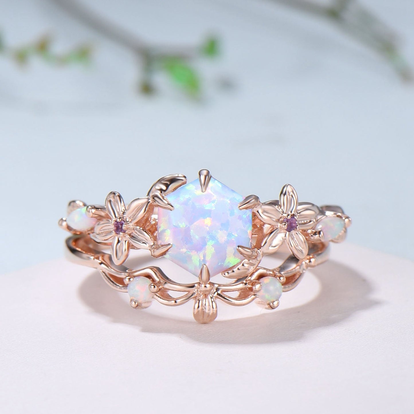 Flower white opal engagement ring set Nature Inspired hexagon fire opal amethyst wedding ring for women vintage cluster leaf bridal set