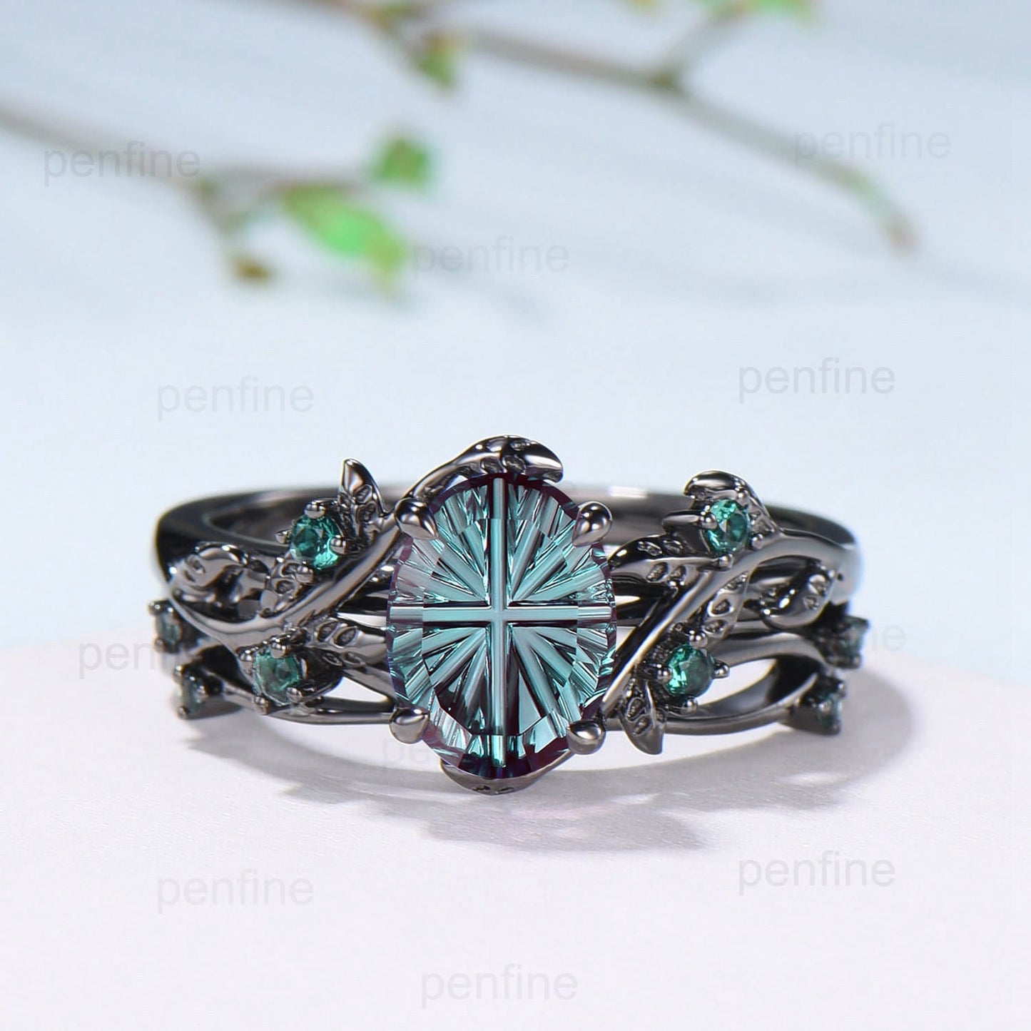 Black Gold Oval Fantasy Cut Alexandrite Engagement Ring Set Nature Inspired Twig Vine Emerald Wedding Bridal Set