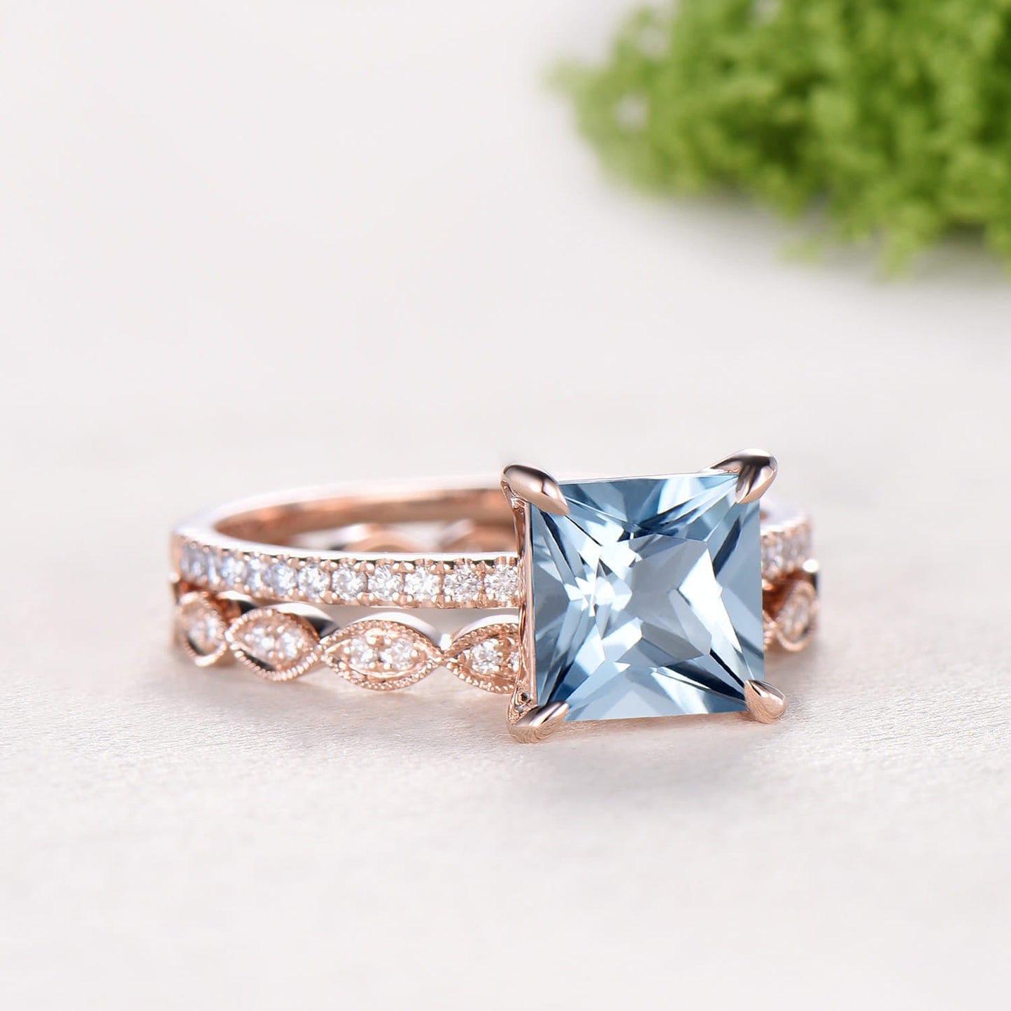 2 Carat Princess Cut Natural Aqumarine Engagement Ring Set, 14K Rose Gold March Birthstone Wedding Set, Art Deco Anniversary Jewelry Gift