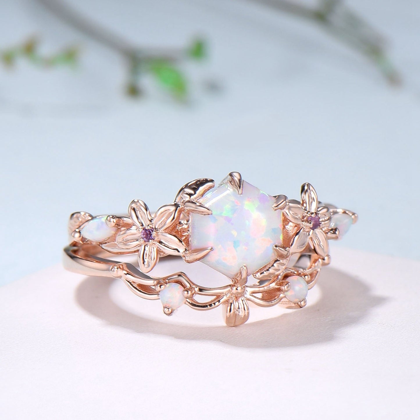 Flower white opal engagement ring set Nature Inspired hexagon fire opal amethyst wedding ring for women vintage cluster leaf bridal set