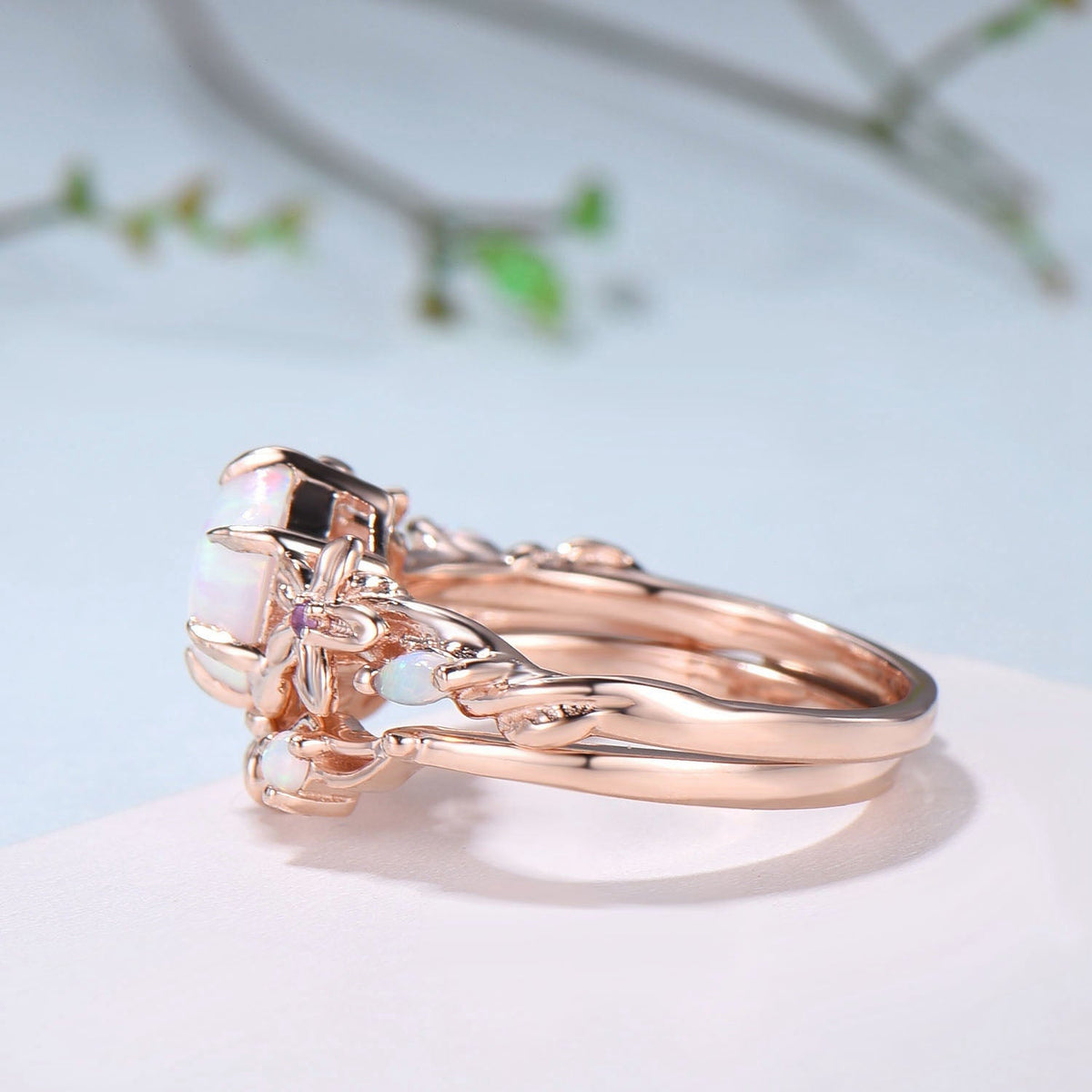 Flower white opal engagement ring set Nature Inspired hexagon fire opal amethyst wedding ring for women vintage cluster leaf bridal set