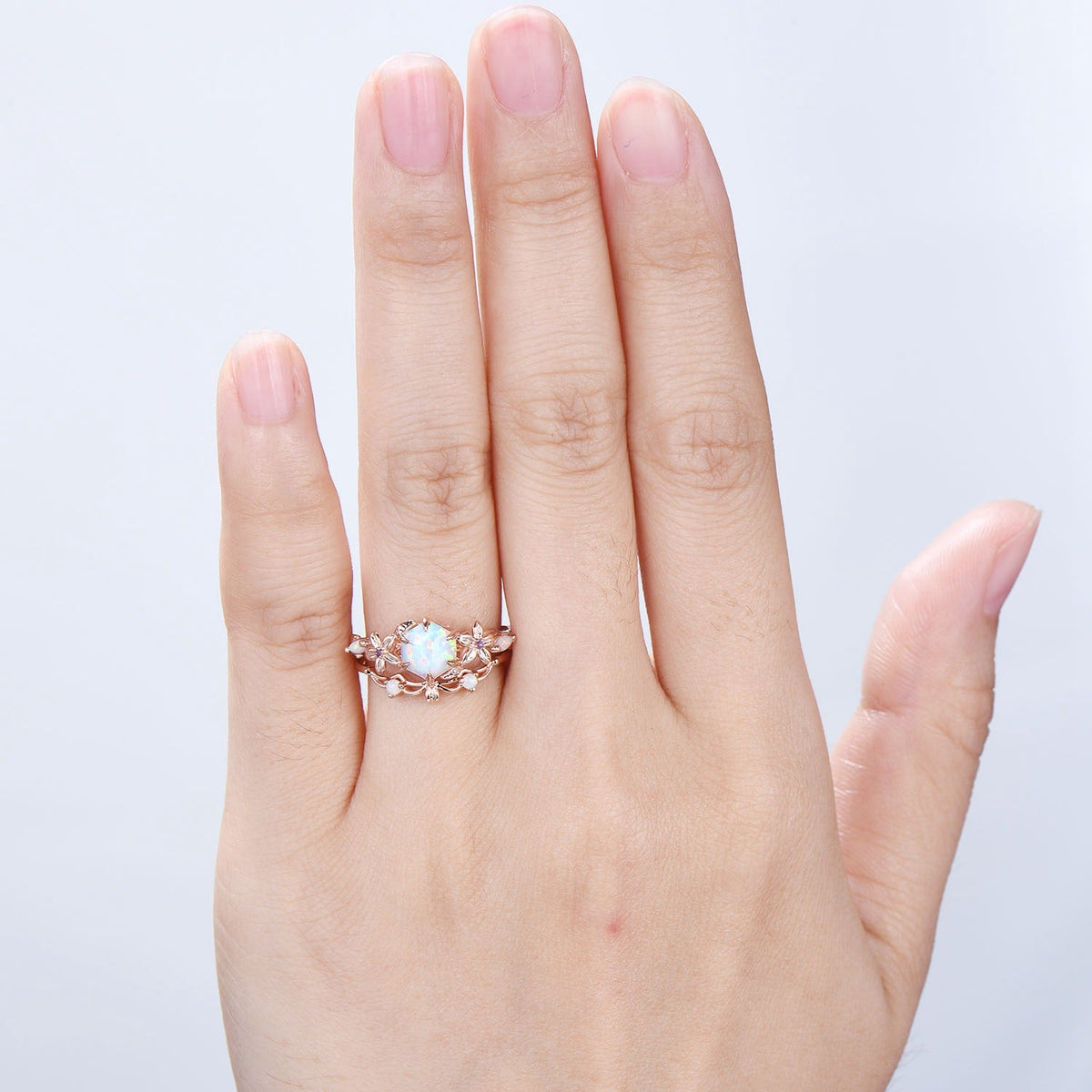 Flower white opal engagement ring set Nature Inspired hexagon fire opal amethyst wedding ring for women vintage cluster leaf bridal set