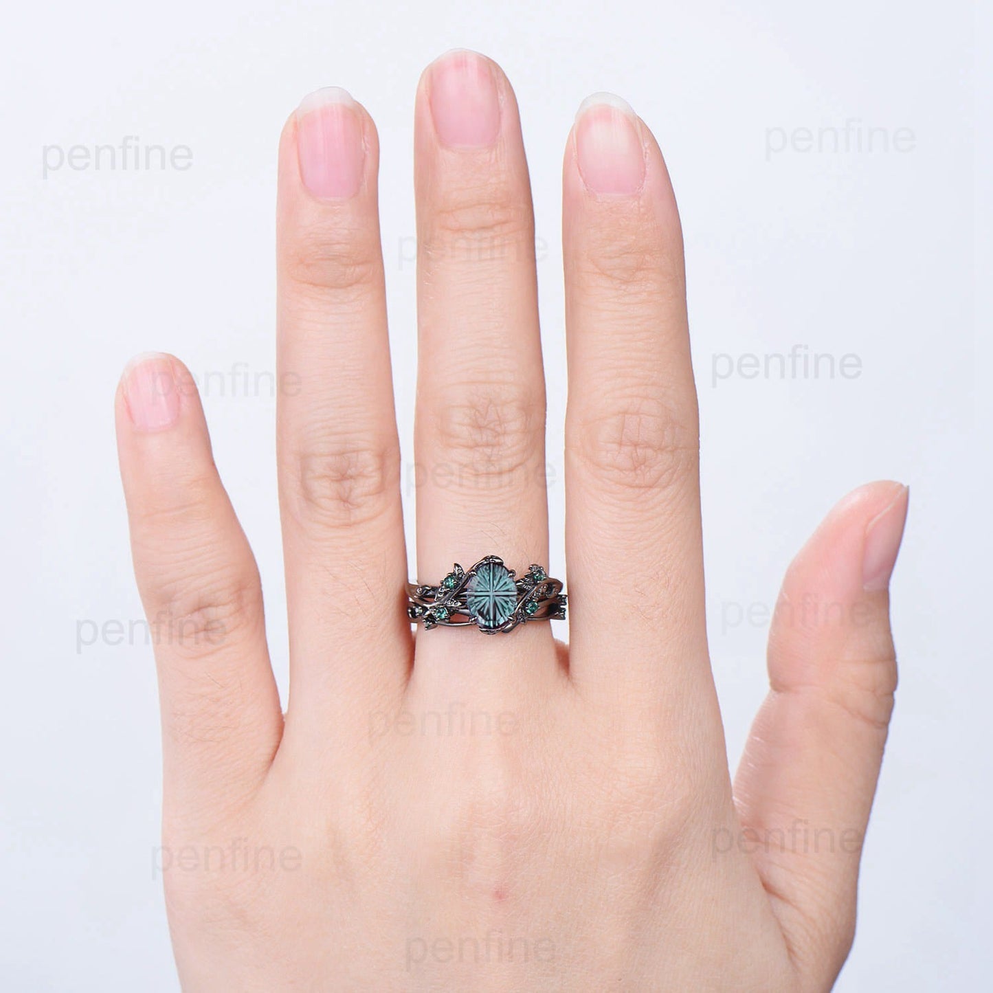 Black Gold Oval Fantasy Cut Alexandrite Engagement Ring Set Nature Inspired Twig Vine Emerald Wedding Bridal Set