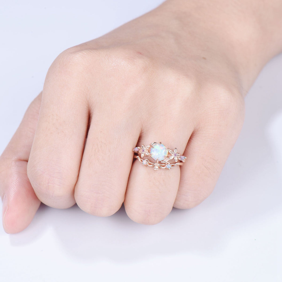 Flower white opal engagement ring set Nature Inspired hexagon fire opal amethyst wedding ring for women vintage cluster leaf bridal set