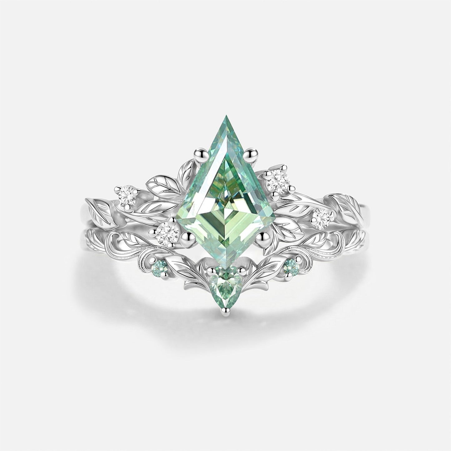 Luminous Reverie - Unique Kite Cut Green Moissanite Leaf Dainty Engagement Ring Set 2pcs - Poppy
