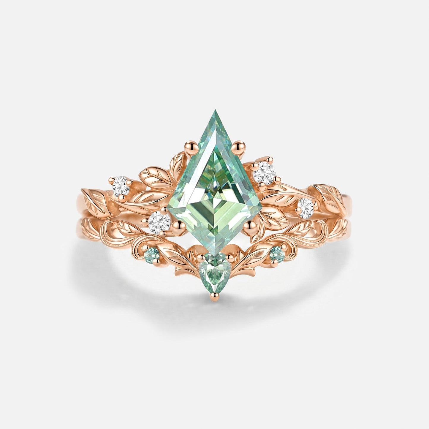 Luminous Reverie - Unique Kite Cut Green Moissanite Leaf Dainty Engagement Ring Set 2pcs - Poppy