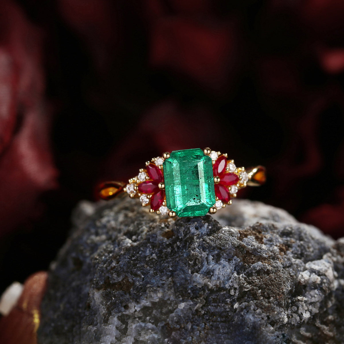 Cluster Emerald Cut Natural Emerald & Ruby Twist Engagement Ring