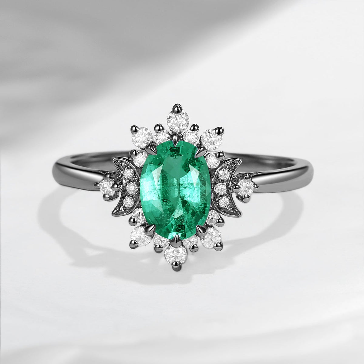 Crescent Moon | Oval Snowflake Halo Natural Emerald Engagement Ring - Moonlight In Vermont
