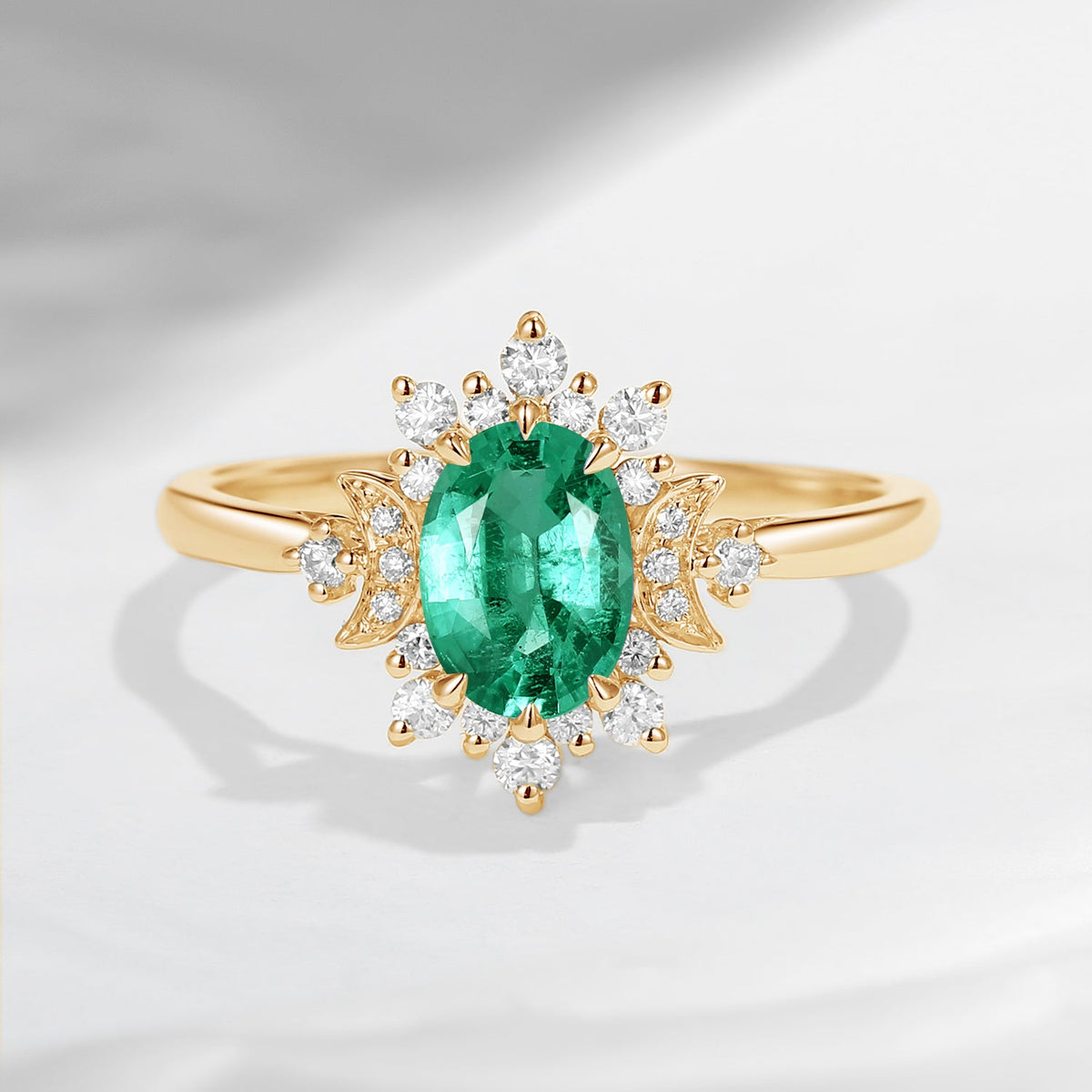 Crescent Moon | Oval Snowflake Halo Natural Emerald Engagement Ring - Moonlight In Vermont