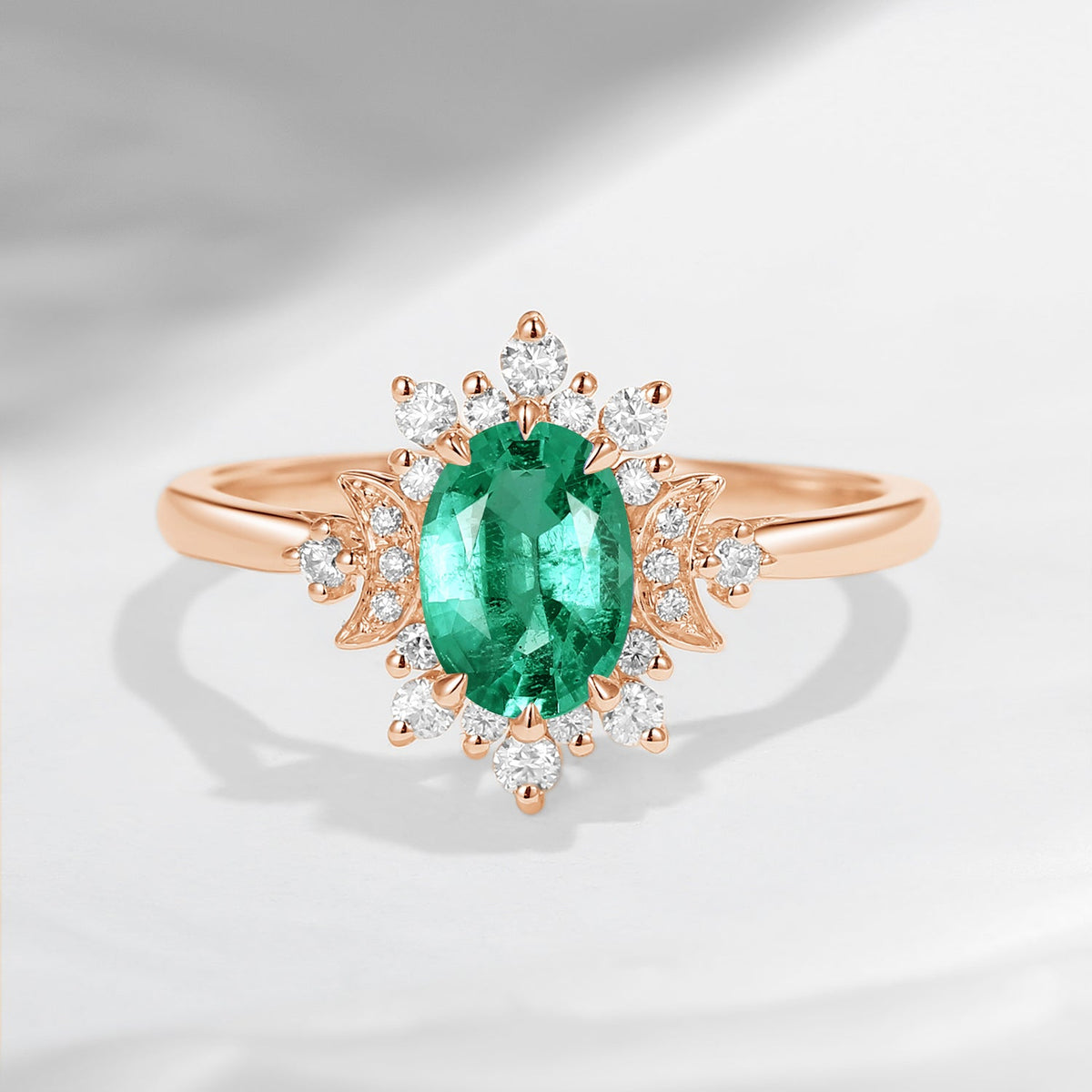 Crescent Moon | Oval Snowflake Halo Natural Emerald Engagement Ring - Moonlight In Vermont