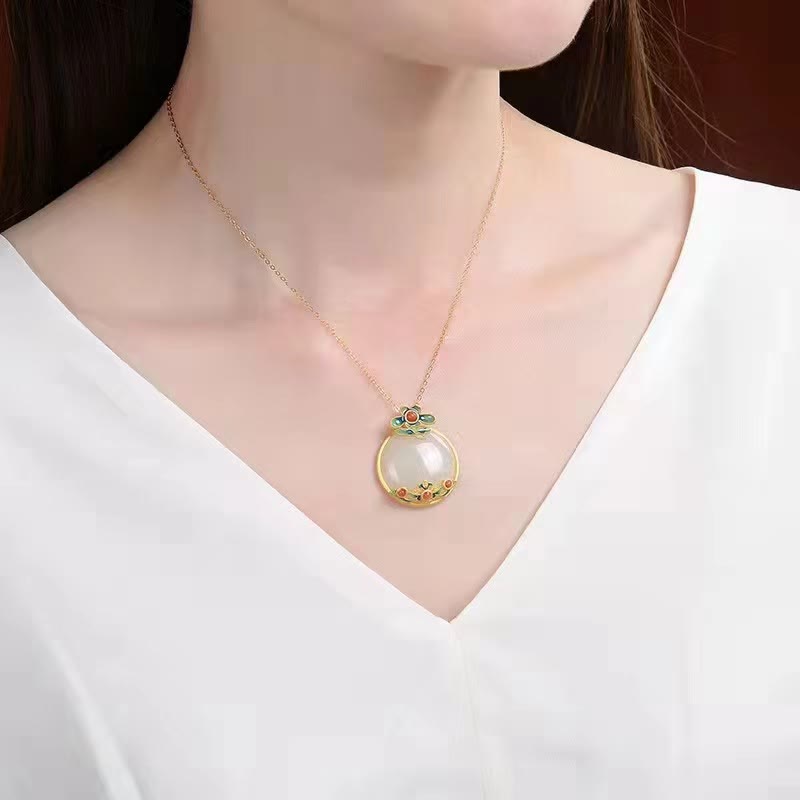 Fortune Jewel White Jade Red Agate Flower Blessing Luck Necklace Pendant