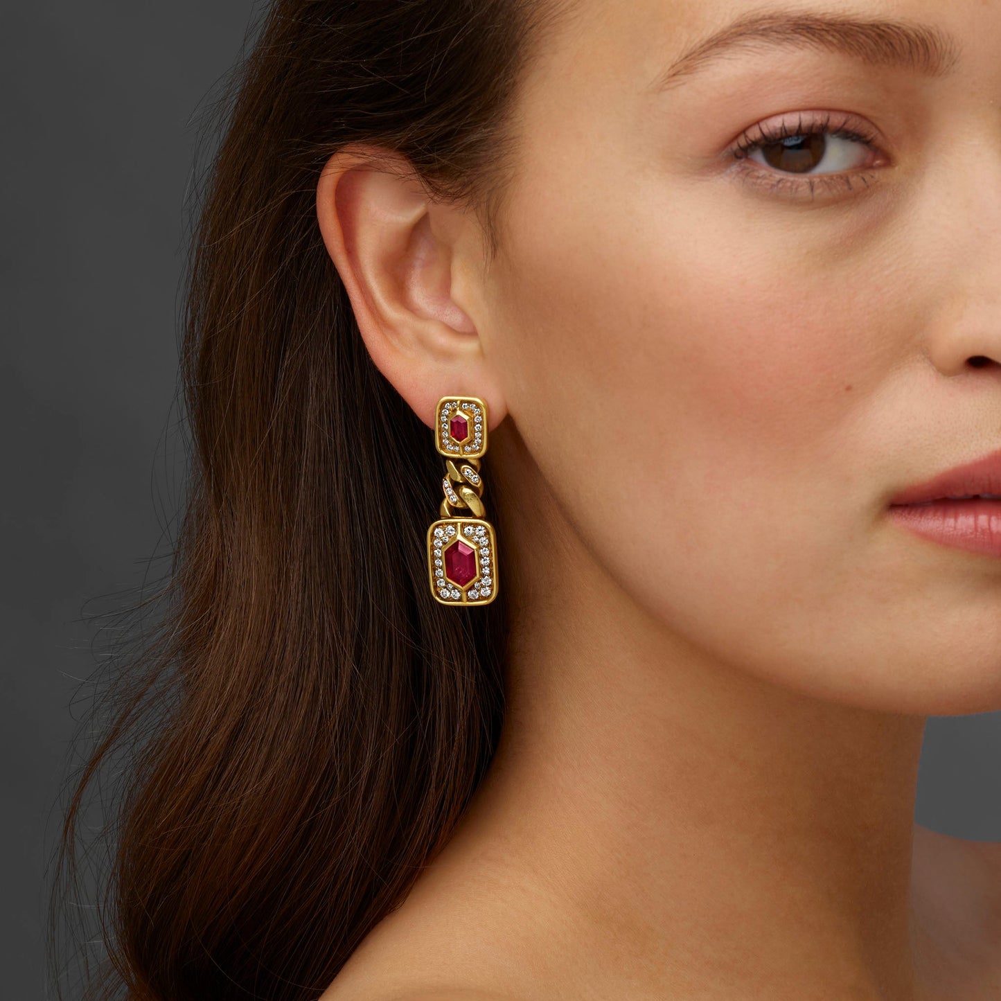 Bulgari Ruby and Diamond Chain Link Pendant Earrings
