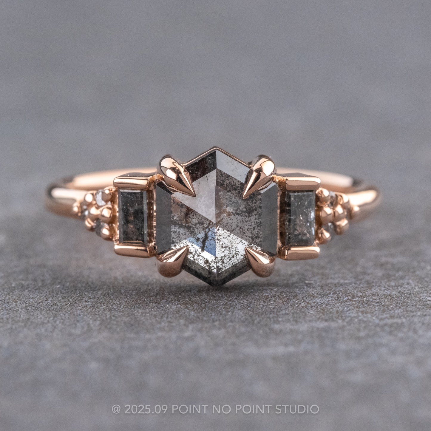 .98 Carat Black Speckled Hexagon Diamond Engagement Ring, Dahlia Setting